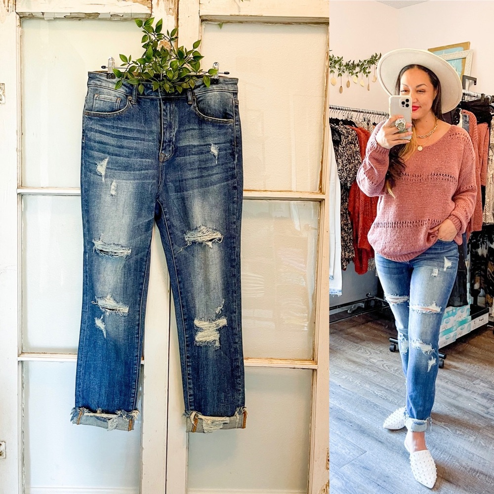 High Rise Distressed Straight Leg Jeans